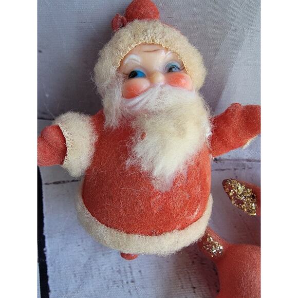 Vintage Flocked Santa Claus 2deer Figuresgold Glitter Made Hong Kong READ - Picture 4 of 11